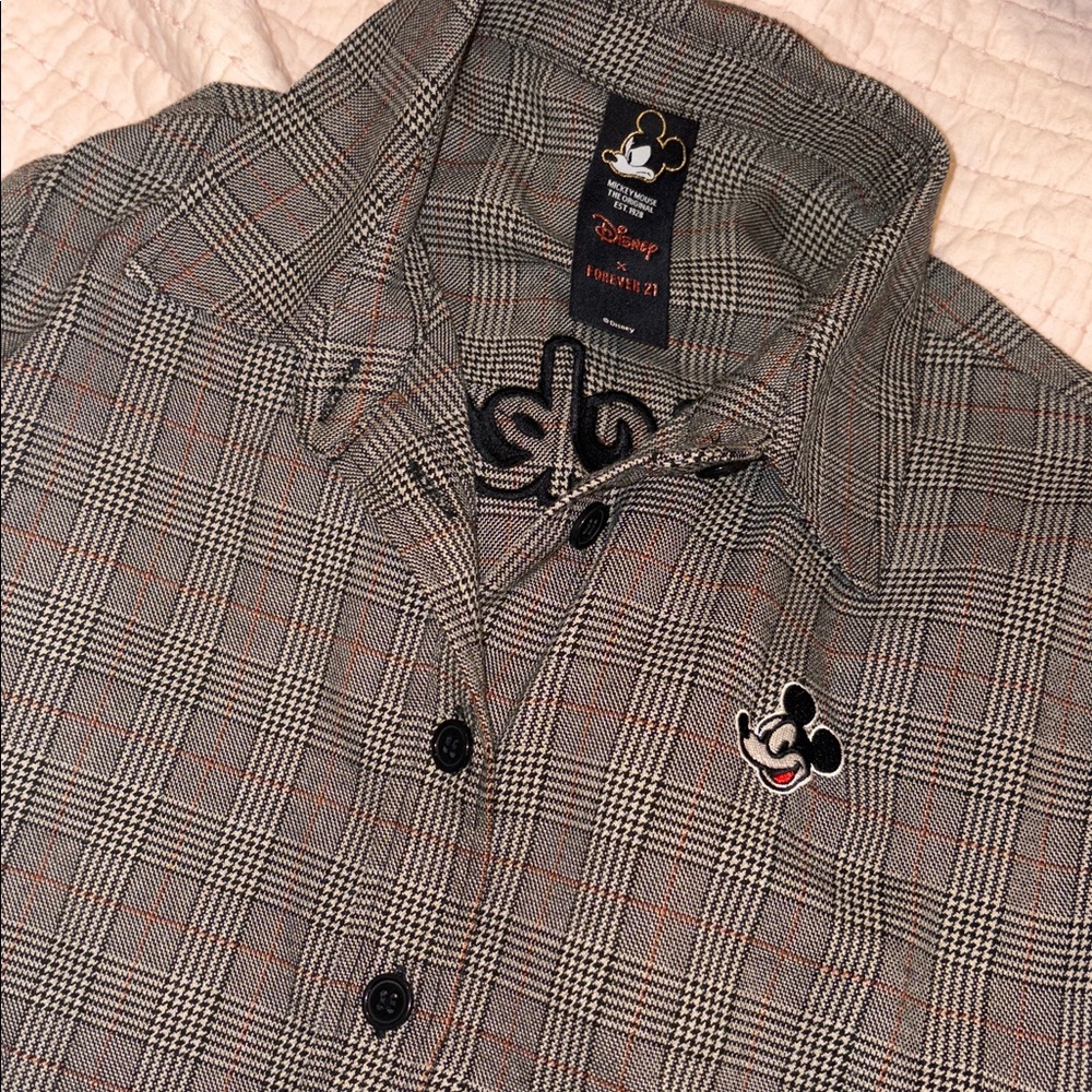 Forever 21 Gray Plaid Sweater with Mickey Mouse Embroidery